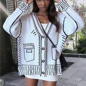 White Oversized Graffiti Cardigan Sweater